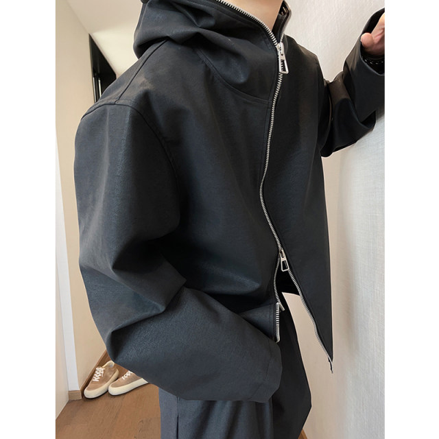Dannyandzee spring retro handsome black hooded PU leather silver zipper windproof jacket for men INS