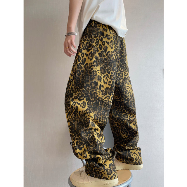 Dannyandzee spring retro versatile brown ginger twill canvas leopard print scimitar pants overalls