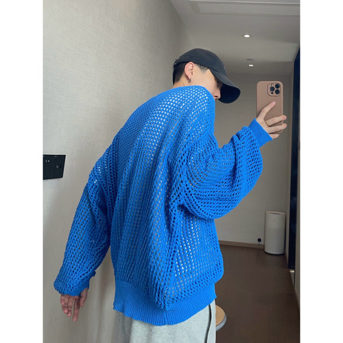 dannyandzee春季复古宽松电光蓝色镂空薄款圆领套头针织毛衣男INS - 图3