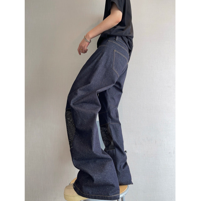 Dannyandzee spring and summer retro denim splicing mesh low-waist scimitar pants streamer jeans men's trousers INS