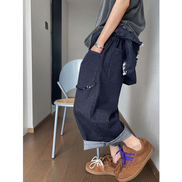 Dannyandzee summer retro versatile denim raw edge loose one-piece sleeveless three-quarter jeans for men INS