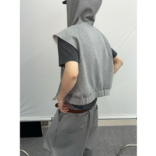Dannyandzee summer retro versatile lazy gray sports casual cropped pants hooded vest suit for men