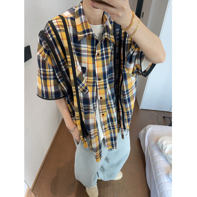 Dannyandzee spring and summer colorful yellow and blue plaid retro stitching OVERSIZE detachable long-sleeved shirt for men