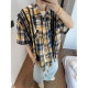 Dannyandzee spring and summer colorful yellow and blue plaid retro stitching OVERSIZE detachable long-sleeved shirt for men