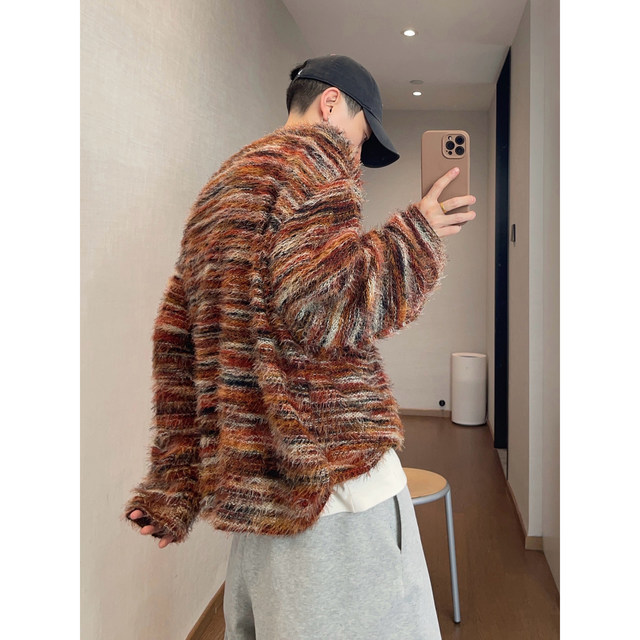 Dannyandzee spring retro gradient color mixed color collarless loose furry long-sleeved T-shirt men's bottoming shirt couple