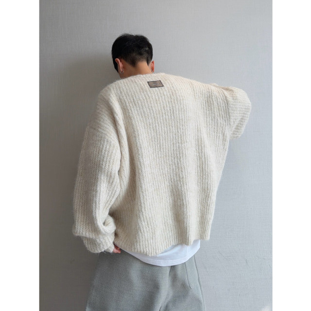Dannyandzee spring retro all-match solid color brushed drawstring design round neck pullover sweater for male couples