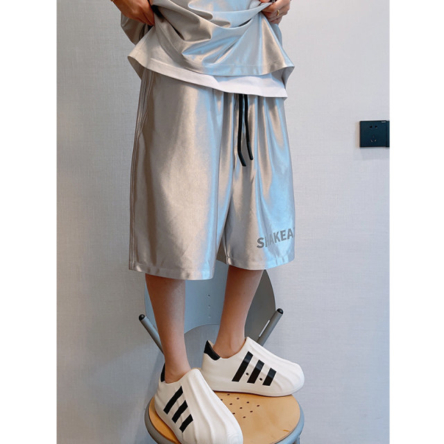 Black and silver glossy draped sports shorts five-point pants