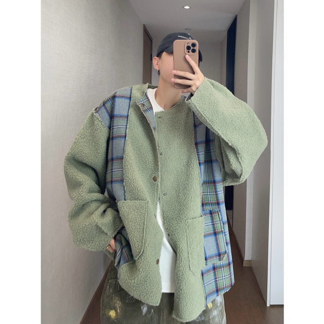 Dannyandzee spring retro ice cream green plaid velvet warm thickened collarless coat jacket for men