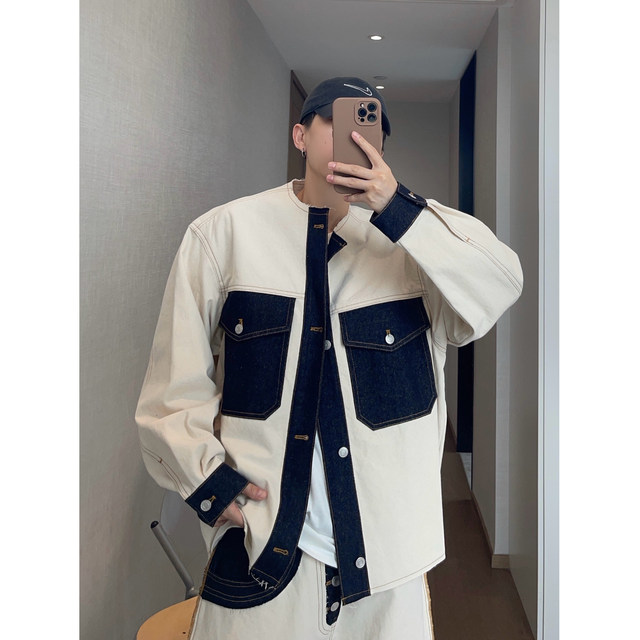 Dannyandzee spring retro off-white spliced ​​denim breasted raw edge collarless pocket jacket for men