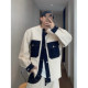 Dannyandzee spring retro off-white spliced ​​denim breasted raw edge collarless pocket jacket for men