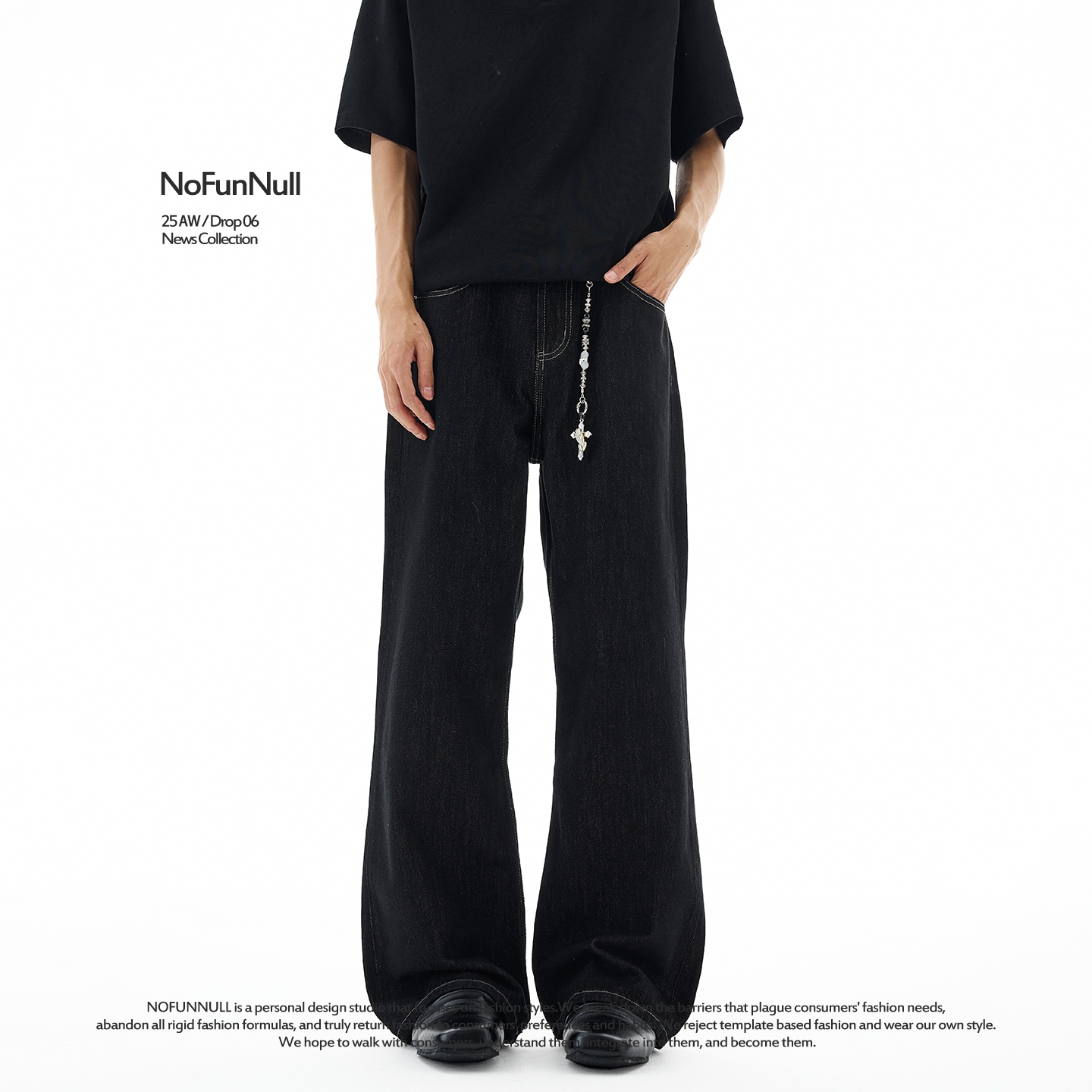 NOFUNNULL2021M版型丹宁原色水洗牛仔裤男女宽松垂坠微喇休闲长裤 - 图0