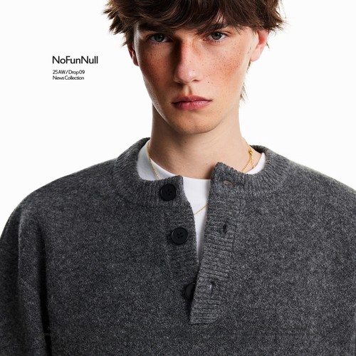 NOFUNNULL 美式亨利领纽扣套头毛衣男秋冬宽松休闲圆领针织衫上衣 - 图1