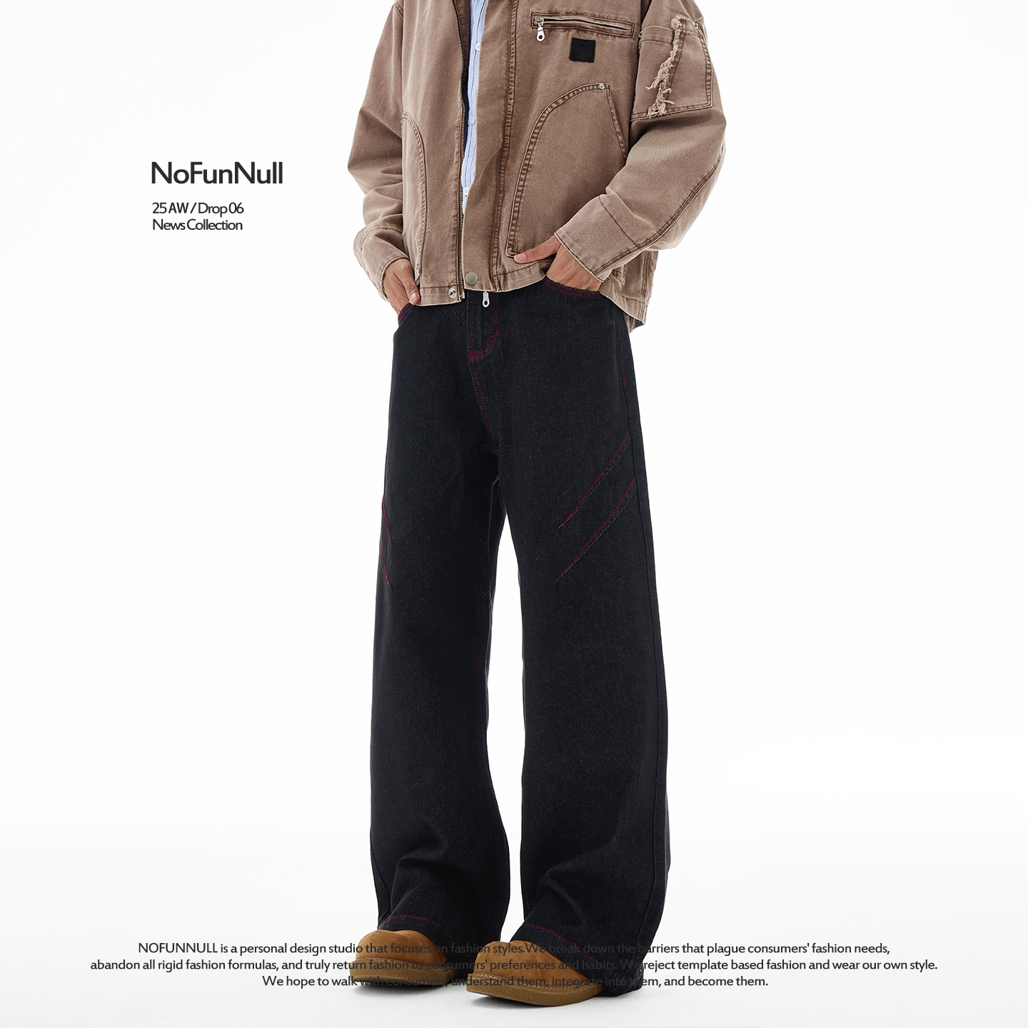 NOFUNNULL 13盎司牛王赤耳丹宁红线美式cleanfit原色直筒牛仔裤男 - 图0