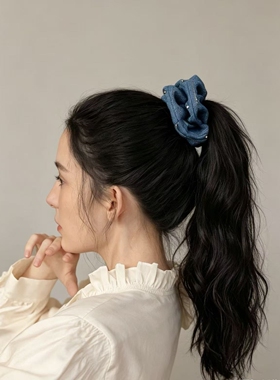 ZEYUN CHENG复古牛仔布艺大肠发圈水钻装饰高级感马尾发绳头花女
