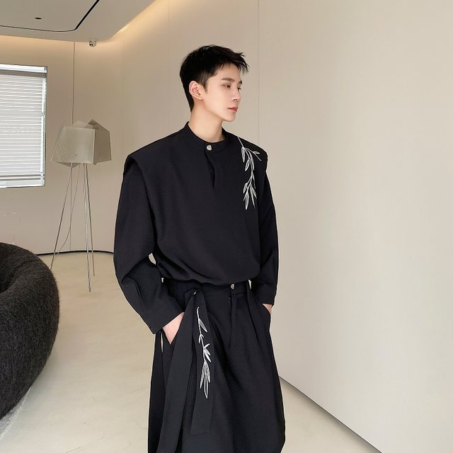 Advanced retro -embroidered bamboo shirt set Men's niche design sense wide -leg pants new Chinese style two -piece set