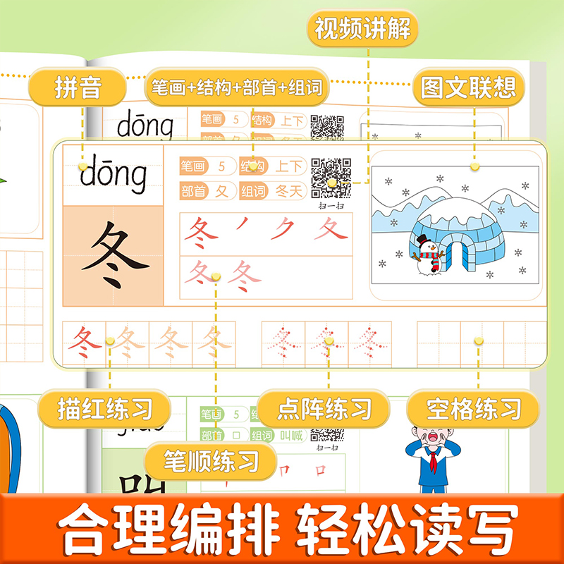 幼儿园学前500字练字帖识字生字点阵描红偏旁部首拼音幼小衔接字帖学前班大班中班小班3-6岁点阵控笔训练视频讲解减压设计