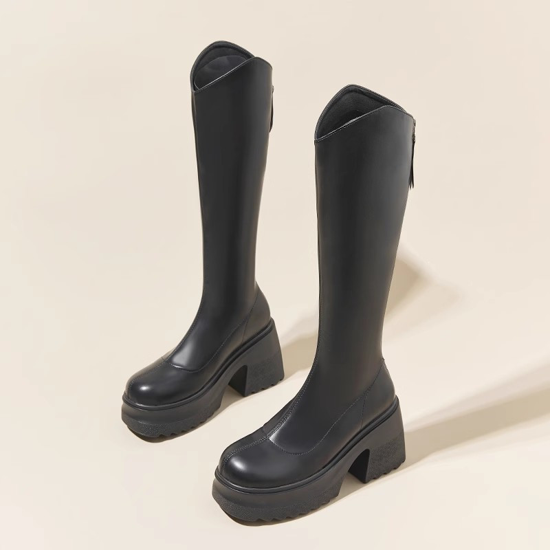 真皮骑士靴子粗跟不过膝厚底长筒靴女小个子10cm高跟v口显瘦长靴,淘宝优惠券,粉丝福利购,淘宝优惠卷