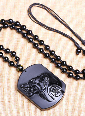 黑曜石狼头侧面项链男女