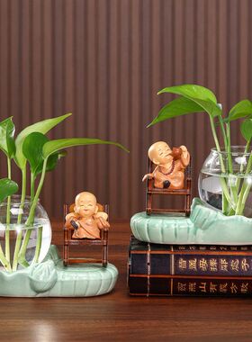 创意禅意和尚水培花瓶青瓷底座透明玻璃缸绿萝办公室桌面装饰摆件