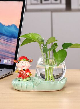 新中式小财神玻璃花瓶水培绿萝摆件客厅创意透明器皿装饰品小花瓶