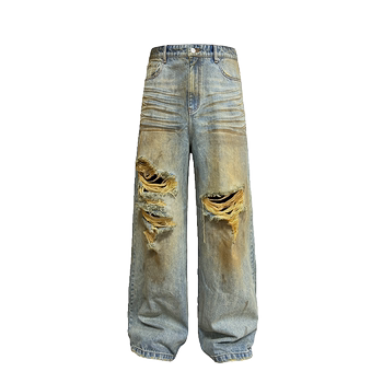 JCAESAR MUD DYEING DESTORYED DENIM ໂສ້ງຢີນຂີ້ຕົມຍ້ອມຫົວເຂົ່າ, ຊັກໜັກ