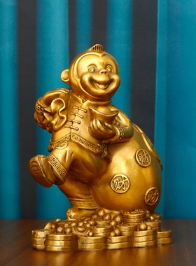 开运生肖金猴摆件纳福猴子吉祥物摆件十二生肖猴摆设铜猴背钱袋猴