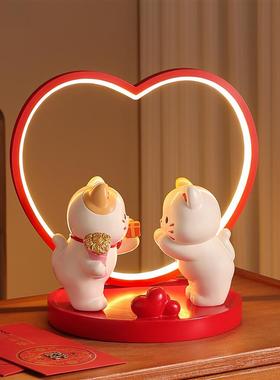 可爱喜庆情侣猫新人摆件结婚送婚房布置长明灯新婚礼物订婚小夜灯