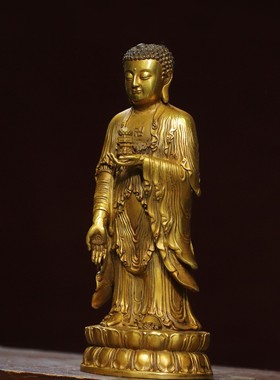 纯铜鎏金阿弥陀佛站像仿古铜器释迦牟尼佛像家居佛堂供佛装饰摆件