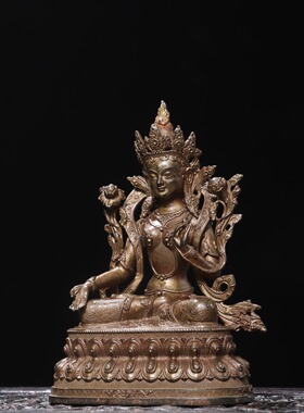 纯黄铜泥金白度母菩萨佛像复古桌面摆件家居用佛堂供奉装饰工艺品