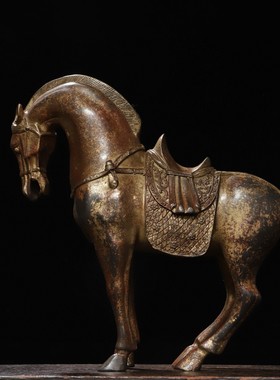 古玩铜器收藏仿古实心铜小唐马摆件骏马带马鞍马驹小铜马把件唐马