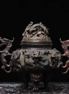 纯铜拓金九龙熏香炉仿古铜器龙耳香薰炉家居茶道装饰品工艺品摆件