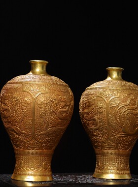 大号纯铜鎏金龙凤呈祥纹赏花瓶全手工家居佛堂供奉装饰品复古摆件