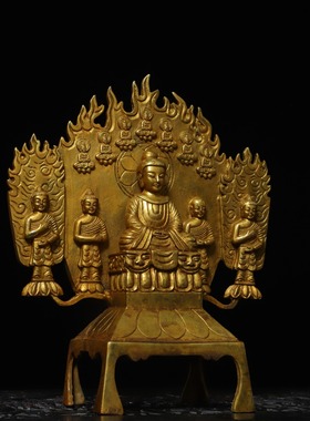 纯铜器鎏金北魏佛像复古陈设板凳佛三世佛新中式古典家居收藏摆件