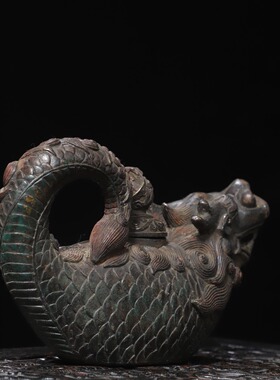 黄铜龙鱼壶仿古铜器万寿龙龟龙把酒壶茶壶家居酒店供奉装饰品摆件
