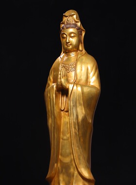大号站观音菩萨神佛像纯黄铜器鎏金家居佛堂供奉装饰复古桌面摆件