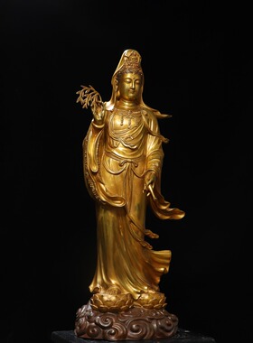 南海纯铜观世音菩萨站佛像居家佛堂供养鎏金莲花净瓶柳枝装饰摆件