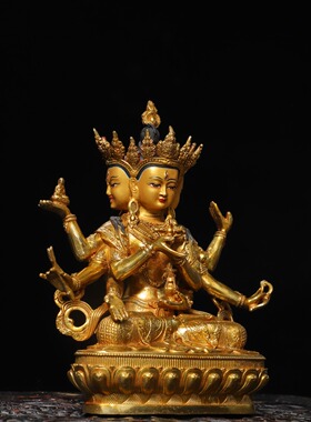 藏传纯铜尊胜佛母菩萨三面八臂佛母手工鎏金画脸摆件家居佛堂供奉