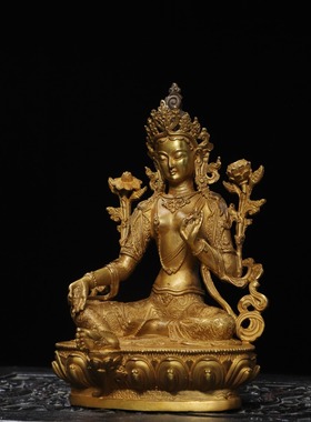 西藏传工艺密宗绿度母多罗观音菩萨佛像纯铜鎏金手工摆件佛堂供奉