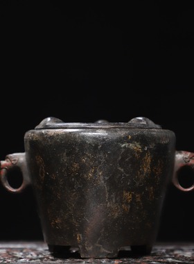 古董古玩纯黄铜器雕双耳兽头煮茶炉炭火炉温酒炉中式古典案头摆件