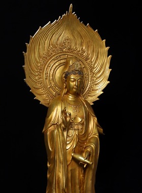 大号纯铜西方三圣南海观世音菩萨站像居家佛堂供养鎏金站莲花净瓶