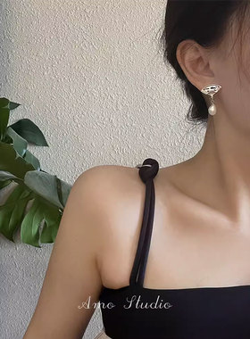 AMO扇子珍珠耳环女新中式国风