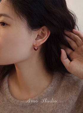 AMO红色爱心耳环女银针小众复古