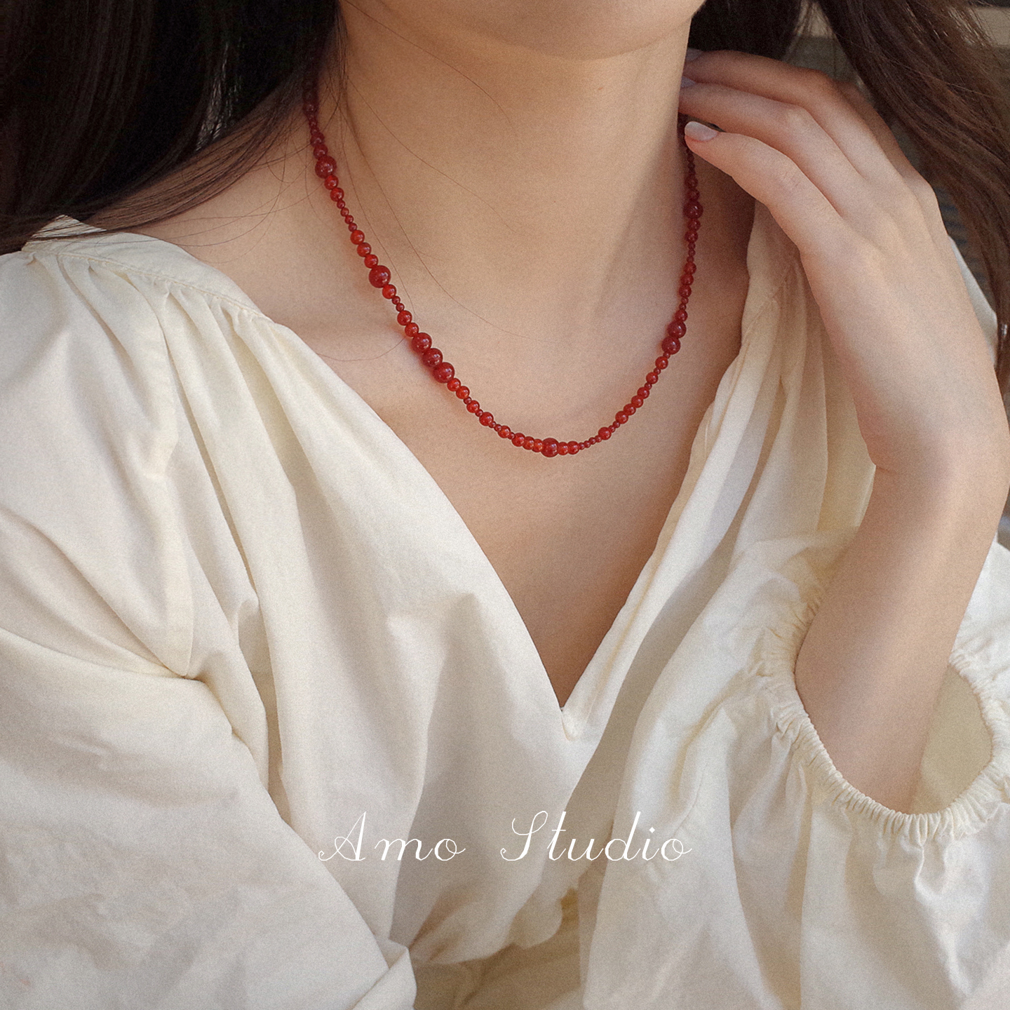 AMO天然红玛瑙串珠项链复古气质人造珍珠锁骨链女超显白颈链 - 图0