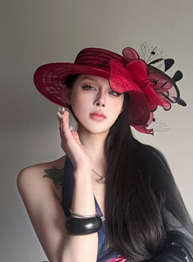 哥特风夸张花朵蕾丝红色平顶帽子