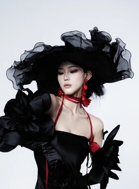 山本暗黑哥特风褶皱欧根纱花边草帽子夏季女夸张凹造型大帽檐礼帽