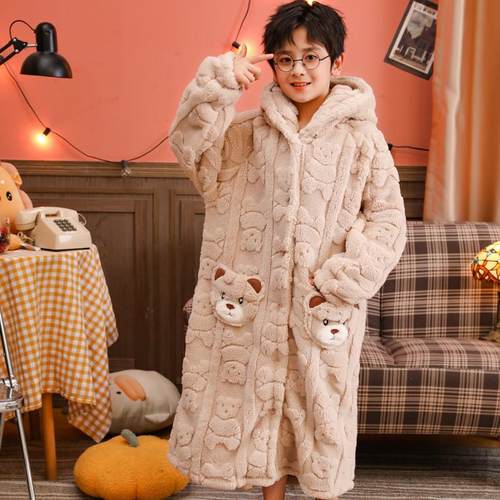 秋冬季儿童睡袍珊瑚绒加厚男童浴袍法兰绒加长款宝宝睡衣女孩睡袍 - 图2