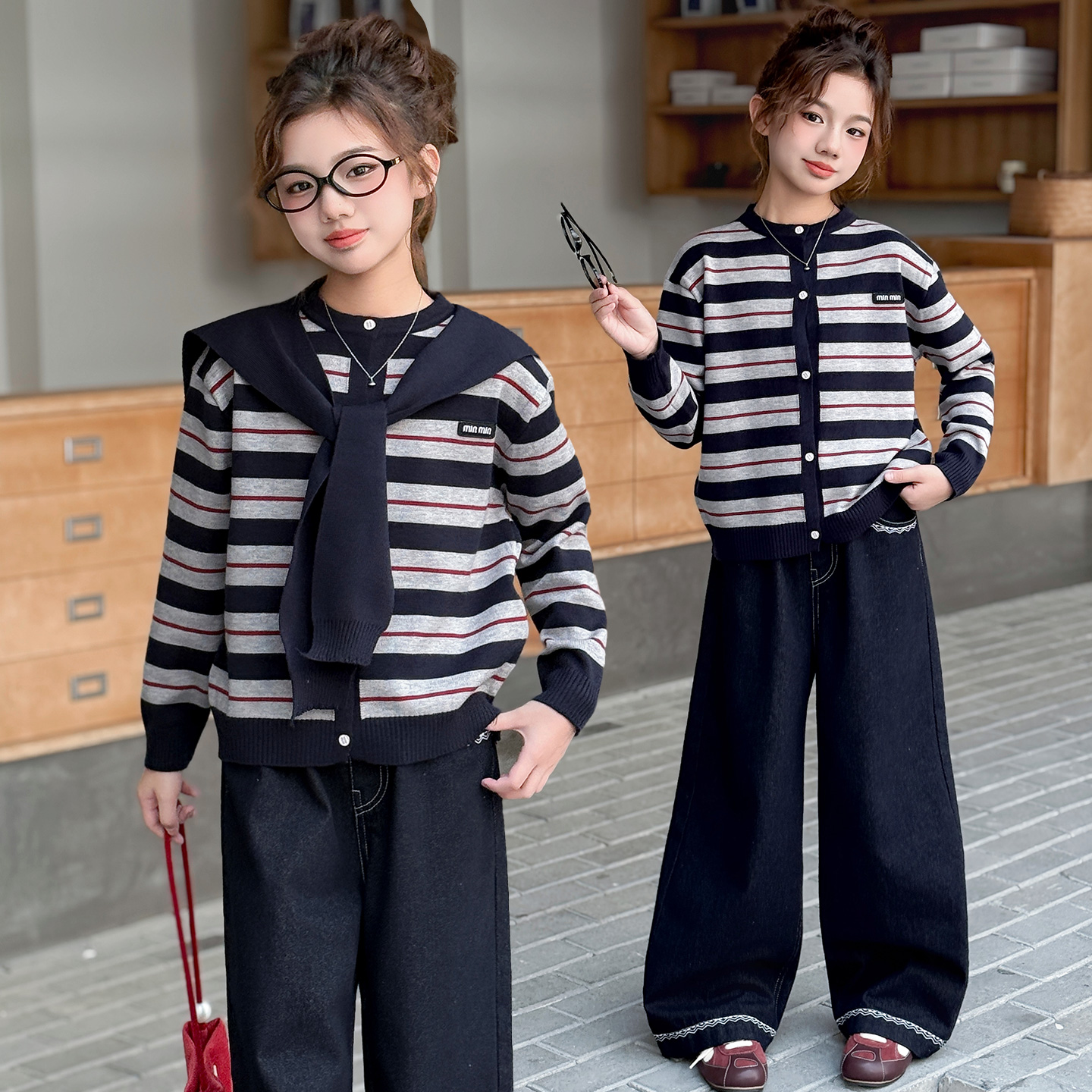 女童秋装休闲套装2025新款洋气春秋条纹毛衣披肩女孩牛仔裤两件套 - 图1