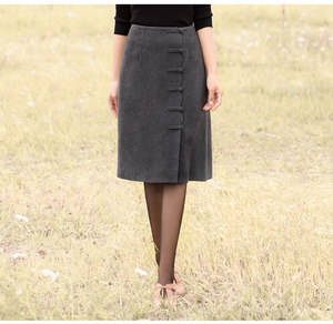 烟花烫XW2019春新款女装气质毛呢中腰A摆铅笔包臀半身裙 东方