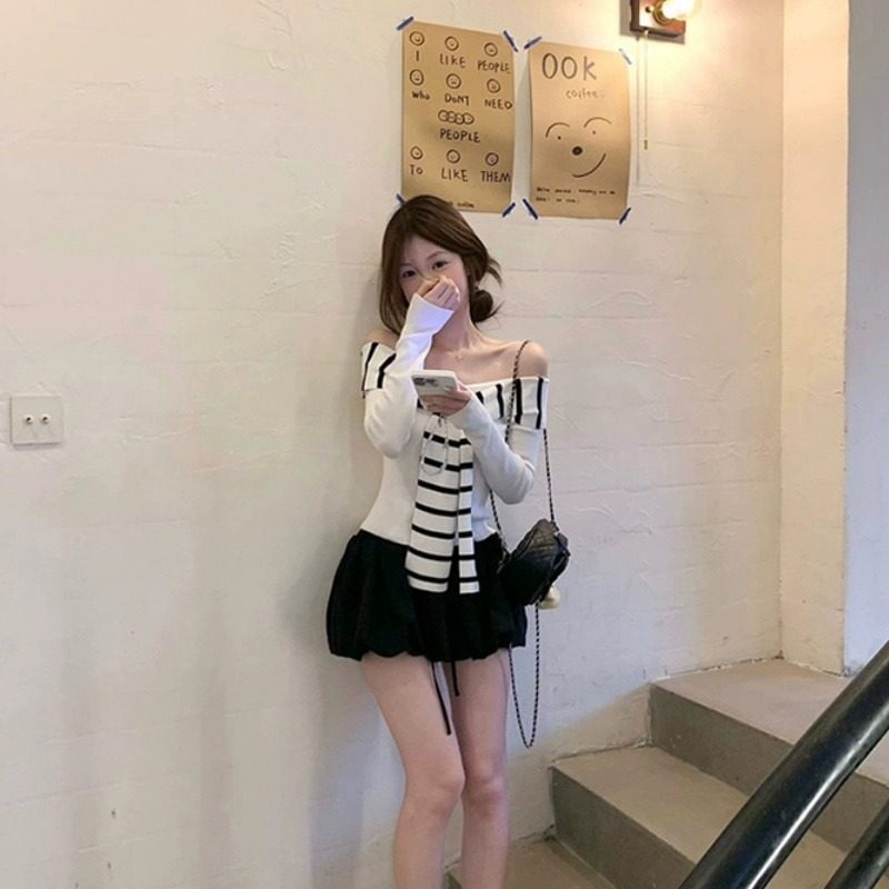 新款辣妹风条纹围巾修身针织衫上衣韩版一字肩简约设计毛衣打底衫,淘宝优惠券,粉丝福利购,淘宝优惠卷