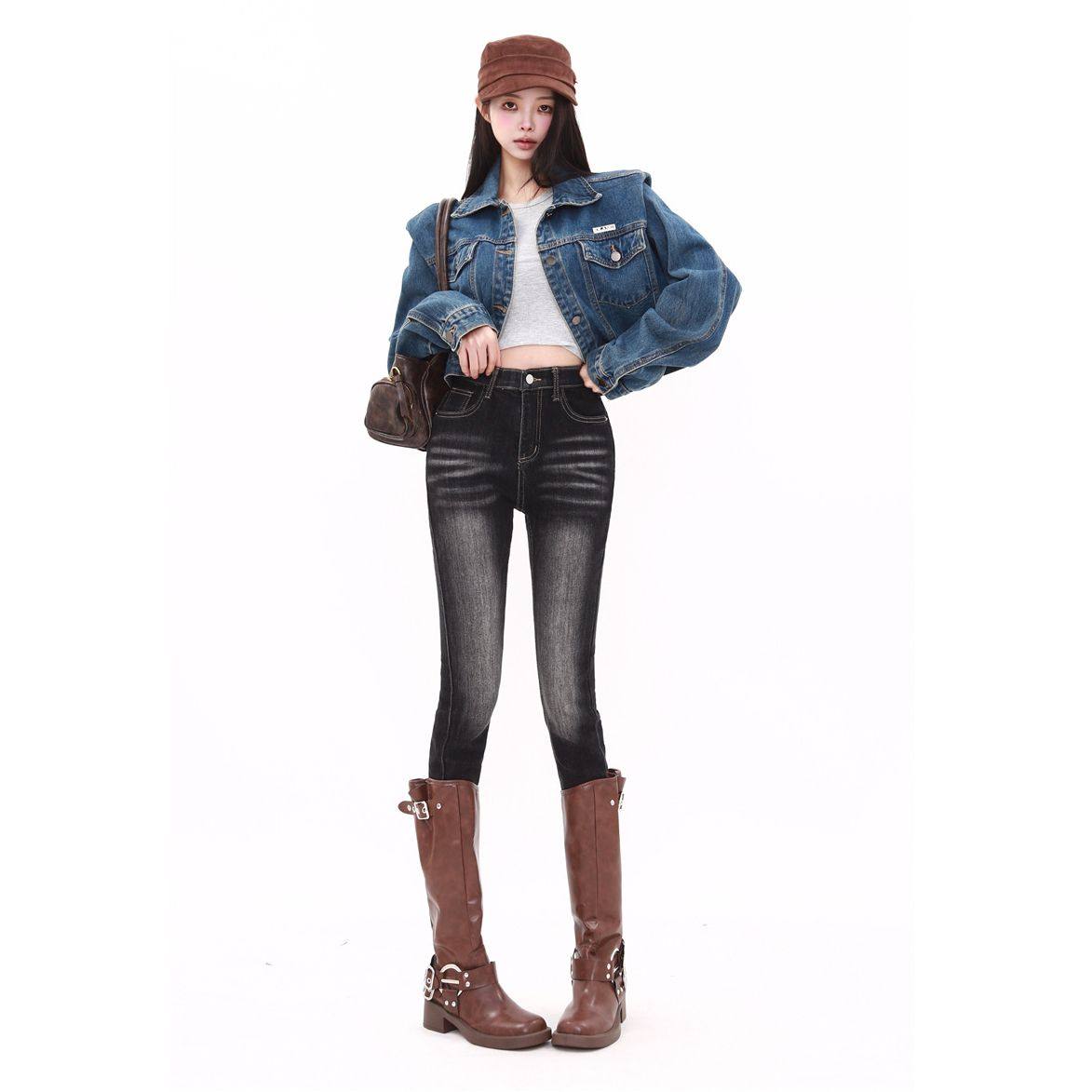 实拍 美式复古铅笔牛仔裤春季高腰弹力配靴子小脚裤,淘宝优惠券,粉丝福利购,淘宝优惠卷